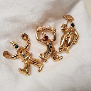 3 Gold-Tone Rhinestone Clown Pins Brooch Juggling